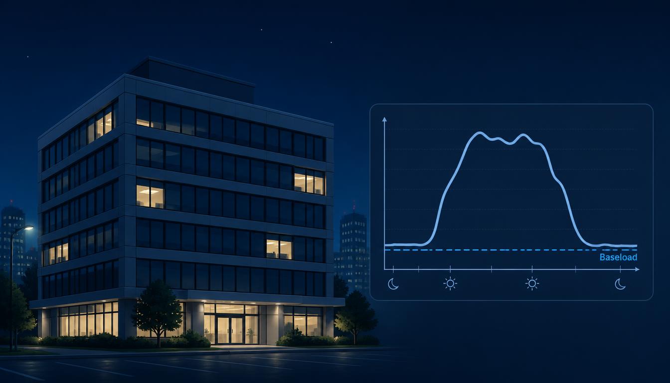 Illustration of a commercial building at night with a few lit windows and a 24-hour energy chart showing a flat baseload line.