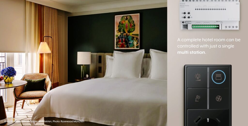 JUNG KNX multi station controlling a complete luxury hotel room from a single device