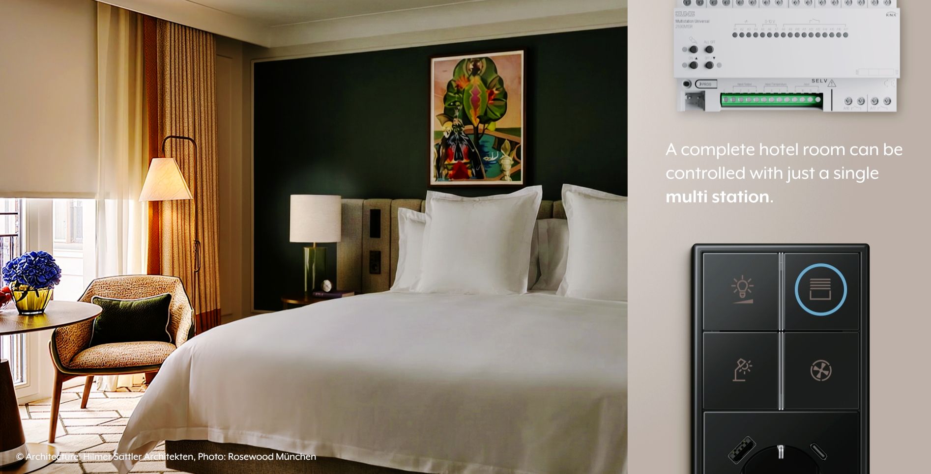 JUNG KNX multi station controlling a complete luxury hotel room from a single device